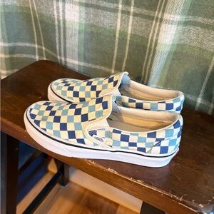 Vans Blue and Cream Checkered Slip-On sneakers women’s 7